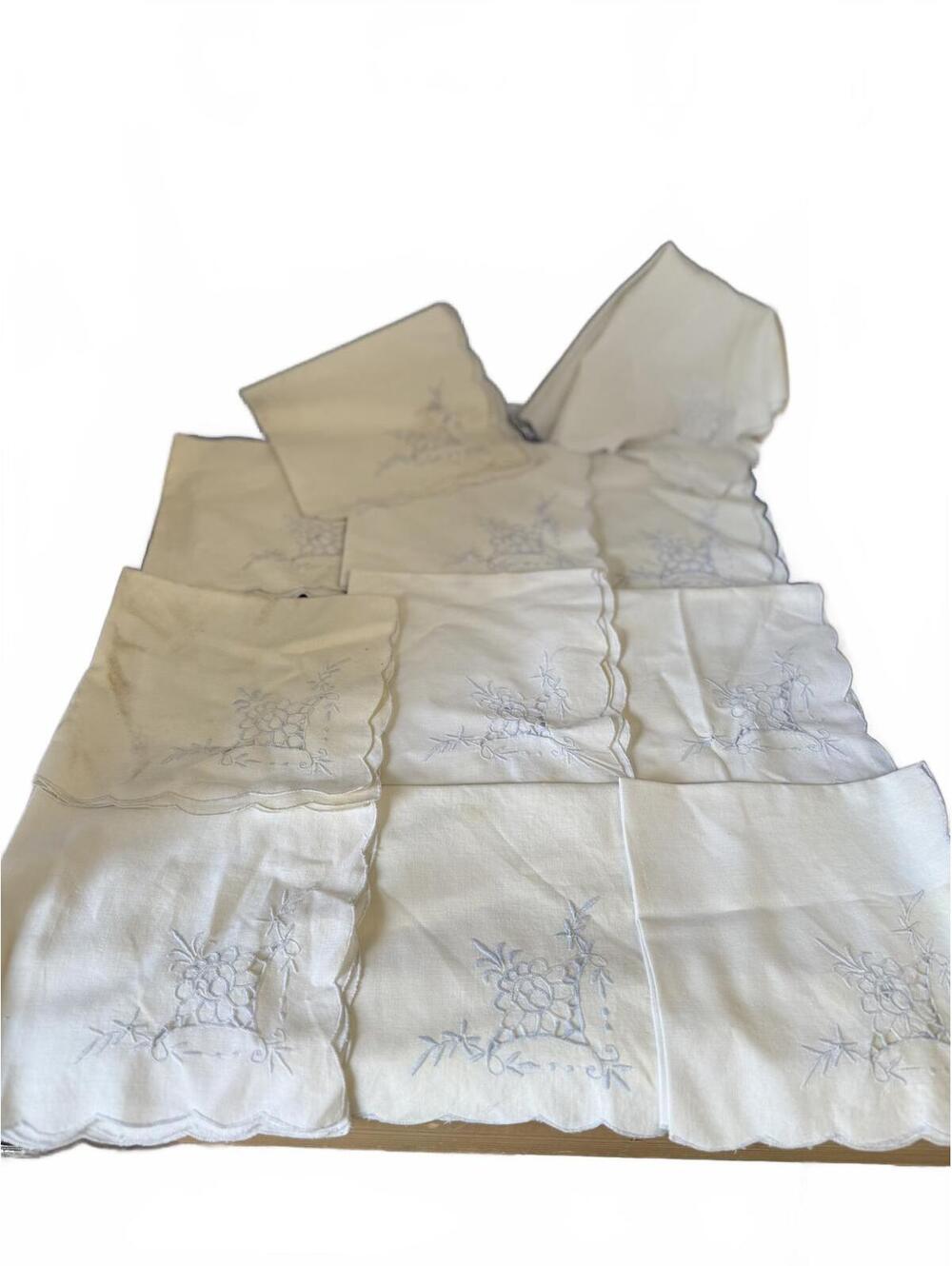 Vintage Linen Madeira Embroidered Dinner Napkins - Blue on White